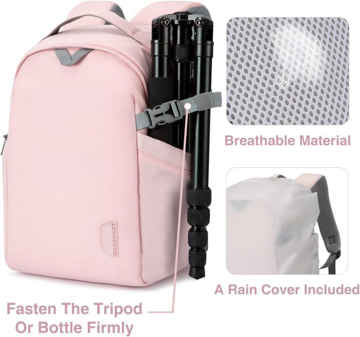 BAGSMART Camera Bag, Camera Backpack, DSLR SLR Camera Case Fits 13.3 Inch Laptop, Waterproof Photography Backpacks with Rain Cover Tripod Holder for Women Men, Pink - Image 7
