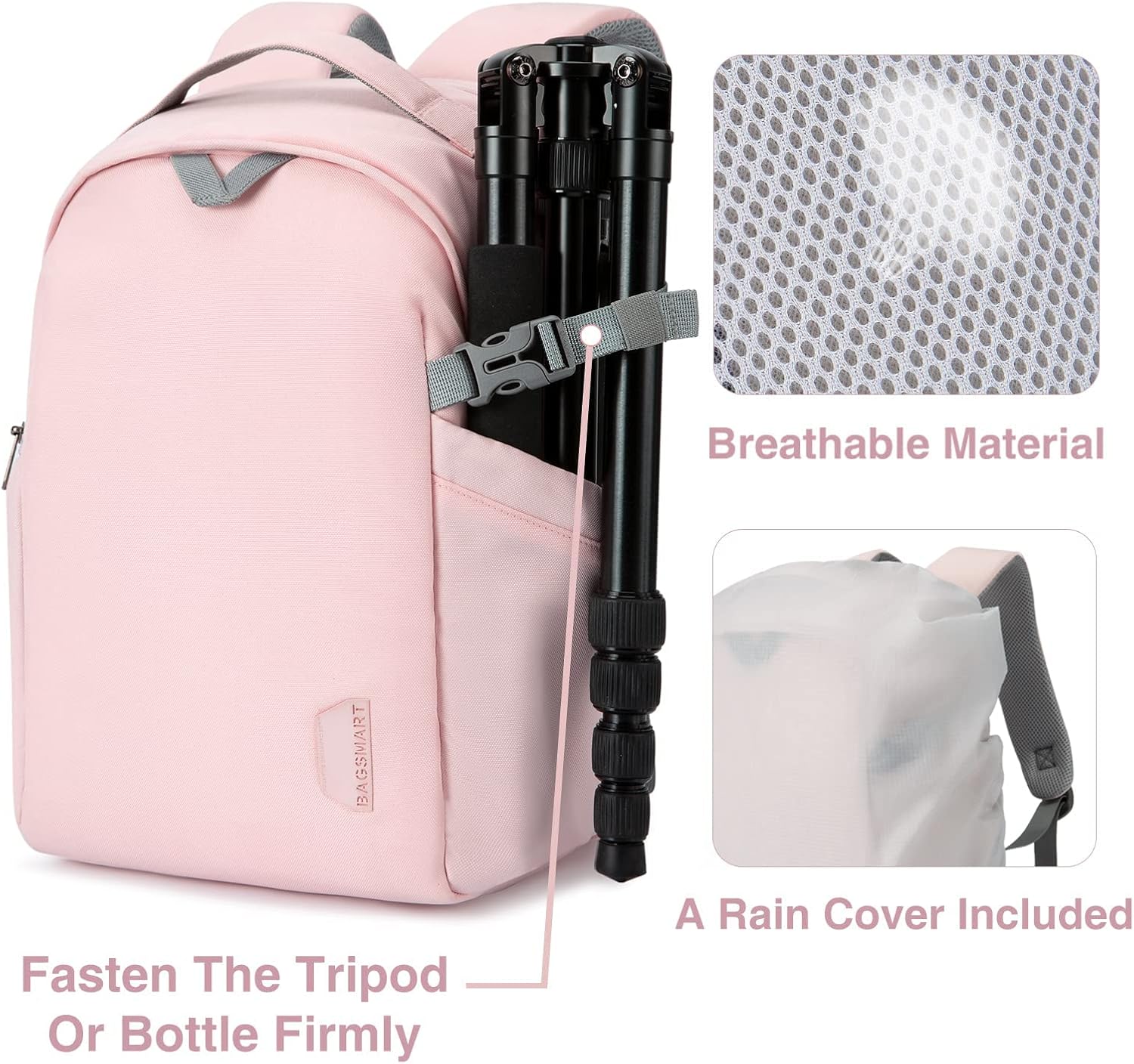 BAGSMART Camera Bag, Camera Backpack, DSLR SLR Camera Case Fits 13.3 Inch Laptop, Waterproof Photography Backpacks with Rain Cover Tripod Holder for Women Men, Pink - Image 7