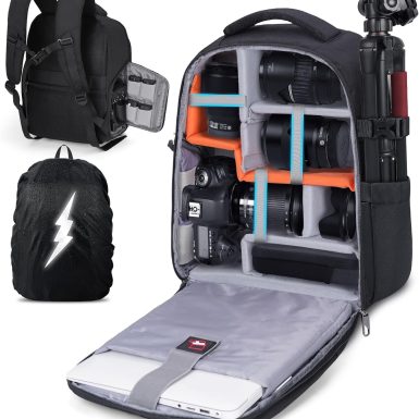 RAINSMORE Camera Backpack Camera Bag for DSLR/SLR Mirrorless 14 Inch Laptop Camera Backpack for Photographers Anti-theft Photography Bag with Rain Cover, Tripod Holder, Black