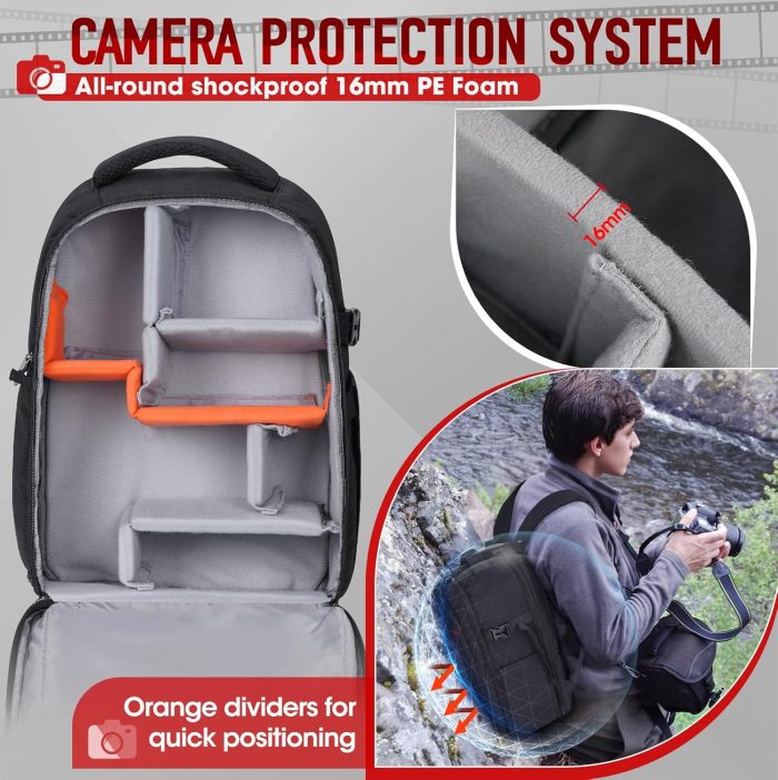 RAINSMORE Camera Backpack Camera Bag for DSLR/SLR Mirrorless 14 Inch Laptop Camera Backpack for Photographers Anti-theft Photography Bag with Rain Cover, Tripod Holder, Black - Image 6